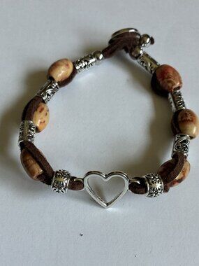 Handmade Suede Bracelet • Silver Heart Charm • Boho Jewelry • Toggle Clasp